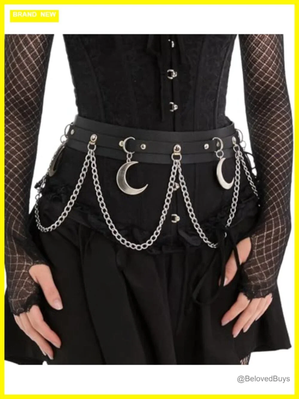 Women's Faux Leather Chain Waist Belt with Moon Charms, Adjustable Gothic Punk